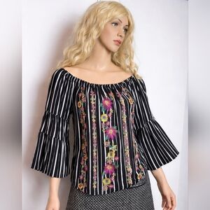 Savanna Jane Boho Striped Embroidered Off-Shoulder Top Medium 100% Cotton